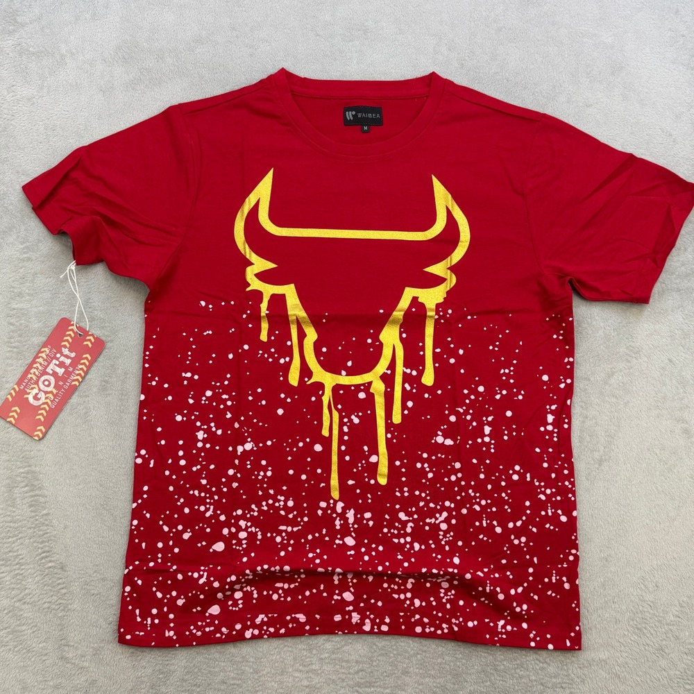Waimea‎ T Shirt Mens Medium Red Gold Dripping Bull Paint Splatter Streetwear New